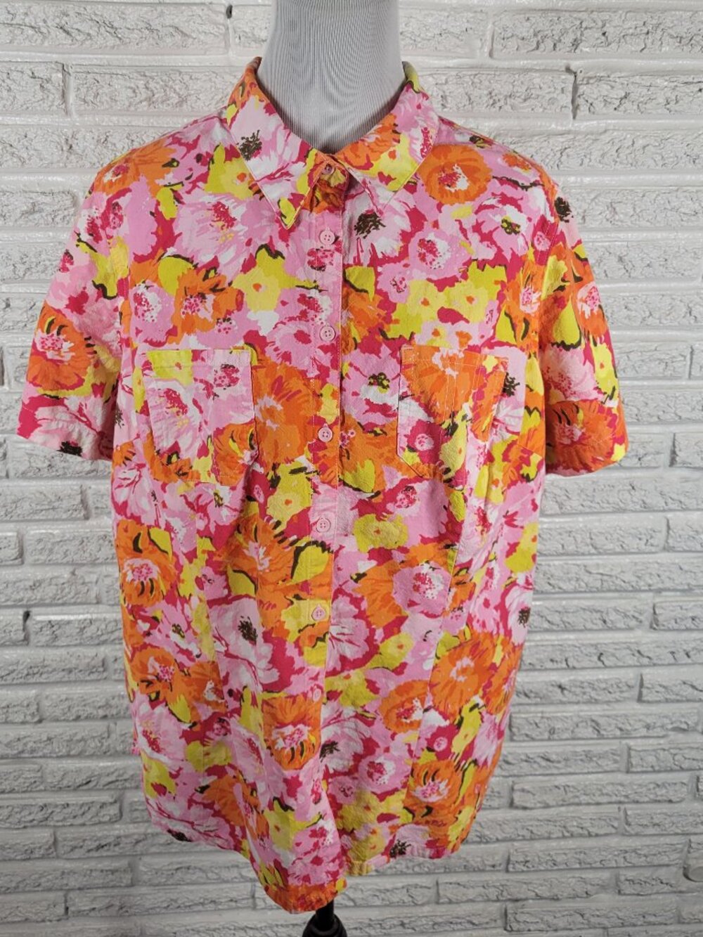 White Stag Womens 2X Top Cotton Orange Pink Floral Short Sleeve FLO226XE